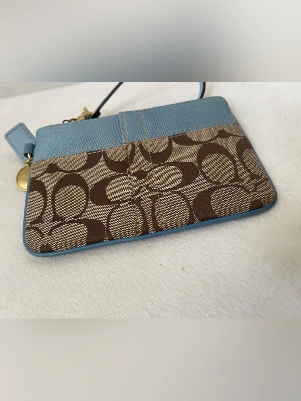 Coach Brown Signature Canvas Wristlet with Blue Trim
